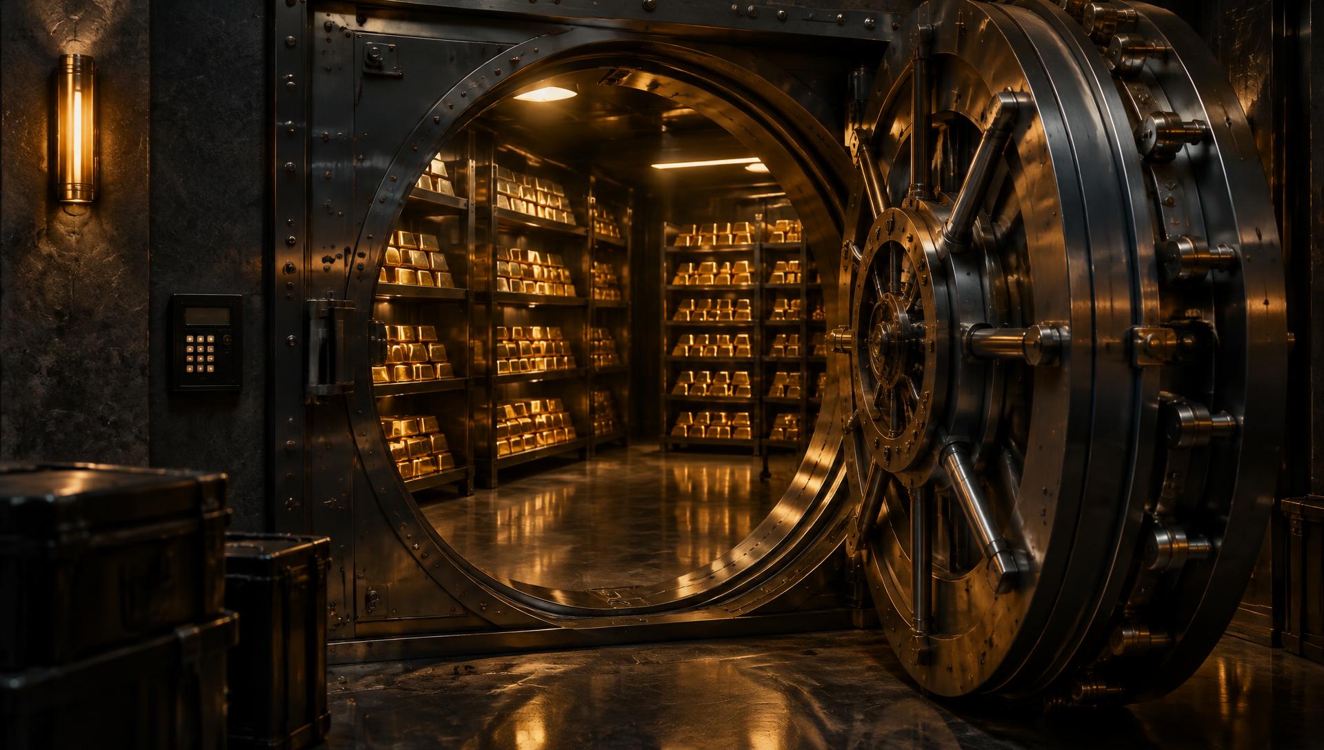 Open high-security vault door revealing shelves of gold bars